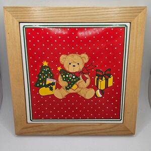 Vintage Made in Japan Ceramic Tile Teddy Bear Christmas Wall Decor Wood Frame